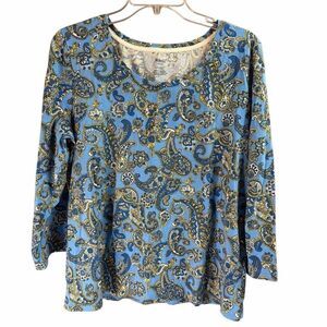 RAFAELLA Women’s Petite Large Blue Paisley Knit Top 3/4 Sleeve Scoop Neck